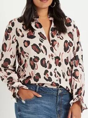 Eloquii leopard Printed Button Down Shirt With Ruffle Neck